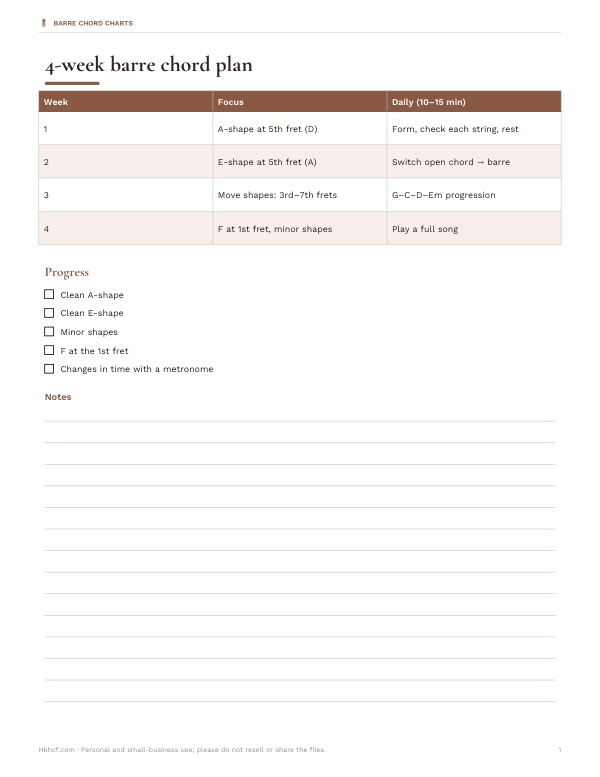 Preview of Printable Barre Chord Practice Plan